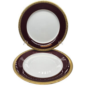 Set of 2 1991 Royal Gallery Gold Buffet Burgundy / Red Dinner Plates 10.5 Inch